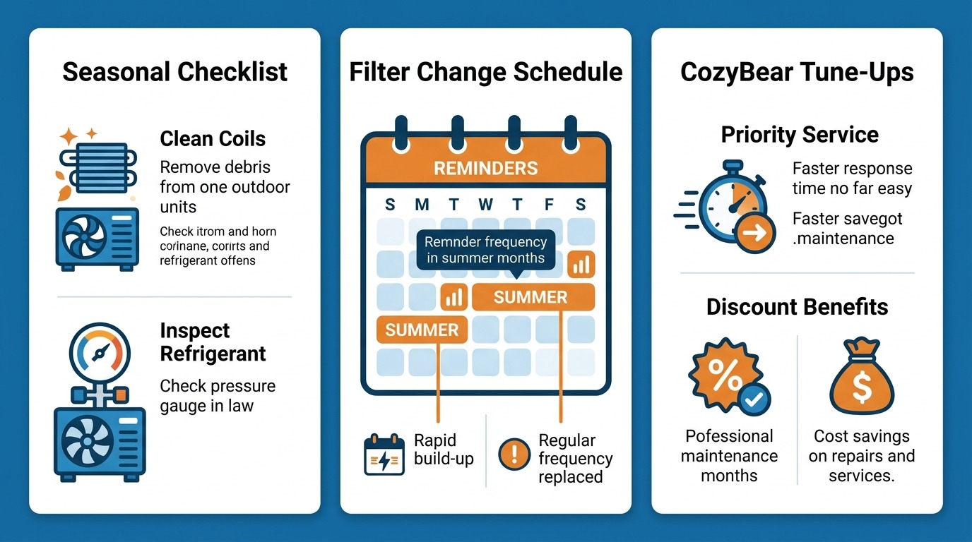 Infographic showing three sections: Seasonal Maintenance Checklist, Air Filter Change Schedule, and Professional Tune-Ups with CozyBear Coverage, using blue and orange tones.
