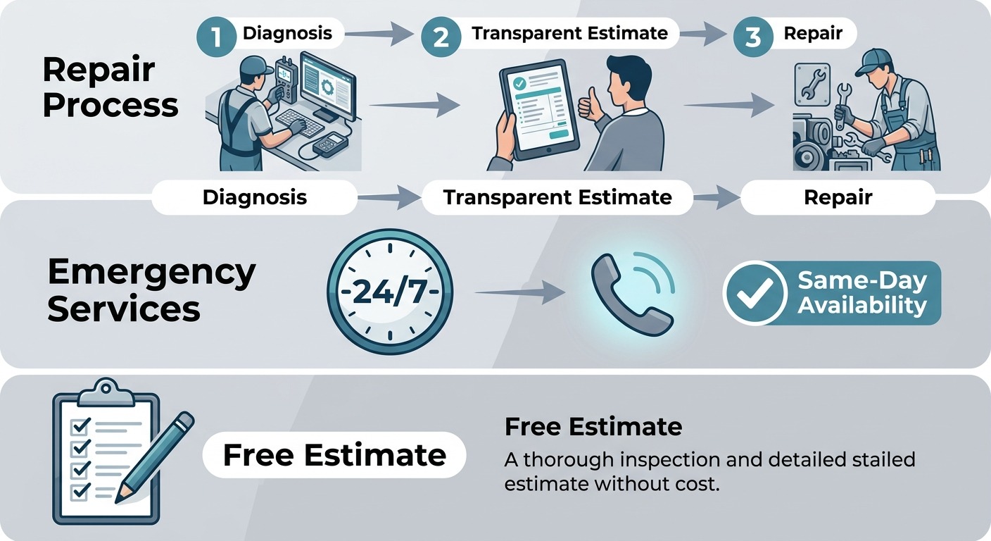 A professional infographic layout divided into three horizontal panels showing the repair process, emergency services, and free estimate details