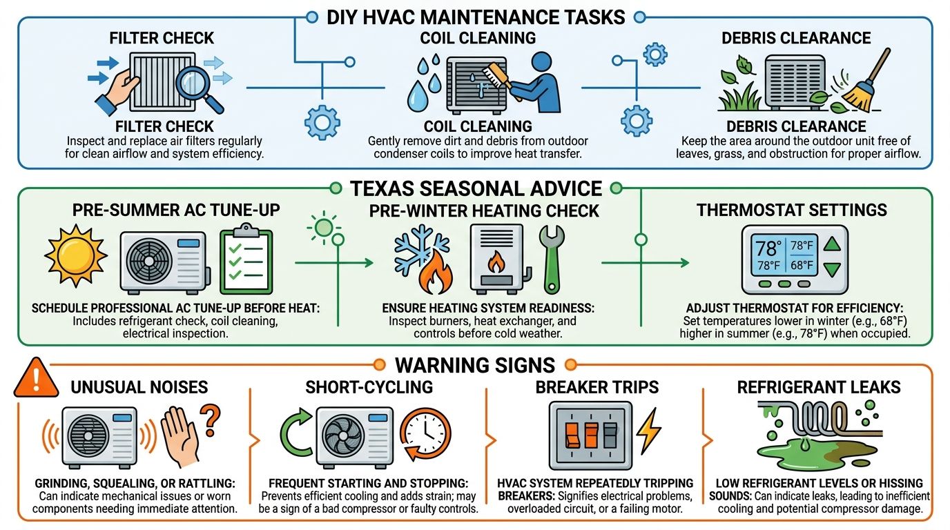 Infographic showing DIY maintenance tasks, Texas seasonal tips, and warning signs for residential HVAC efficiency