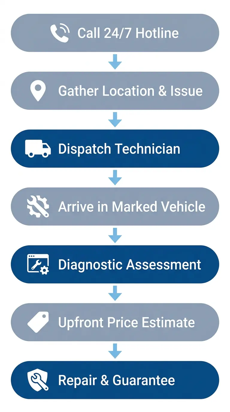 Emergency HVAC service process flow with seven steps from call to satisfaction guarantee for Arlington, TX