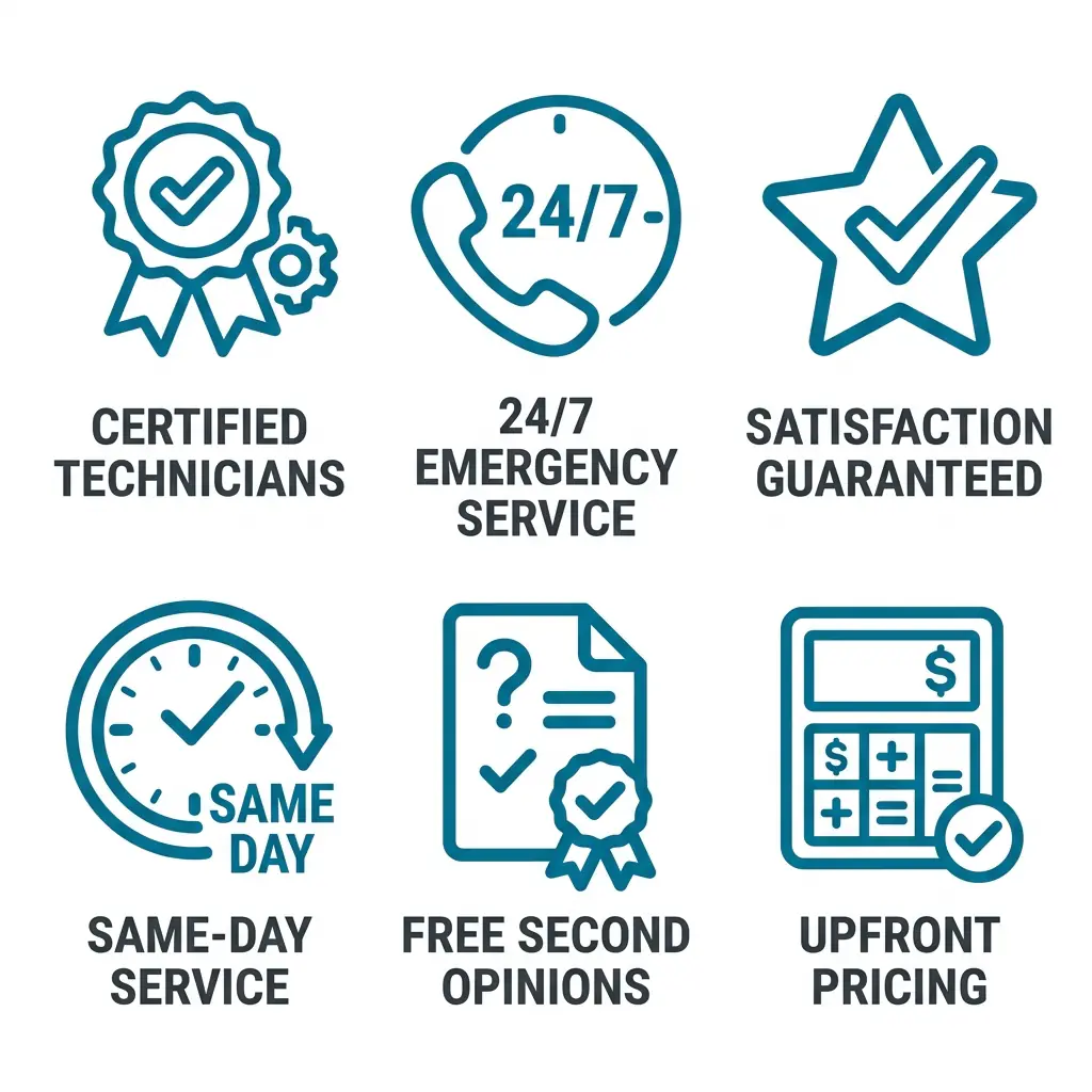Icon grid showcasing six key benefits of Air Beard Heating & Cooling services: same-day service, 24/7 emergency response, satisfaction guarantee, certified technicians, free second opinions, and upfront pricing, each with dark gray sans-serif labels.