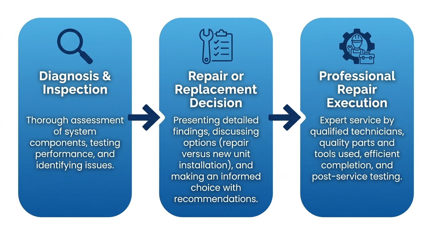 Three-step HVAC repair process flow diagram showing diagnosis and inspection, repair or replacement decision, and professional repair execution steps with icons and arrows