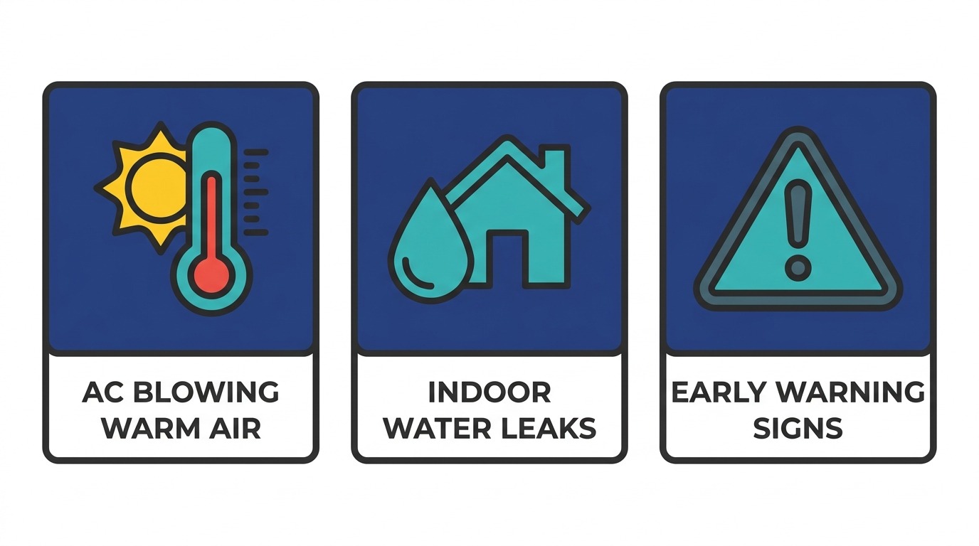 Icon set showing three common AC issues in Arlington homes: warm air, water leaks, and warning signs