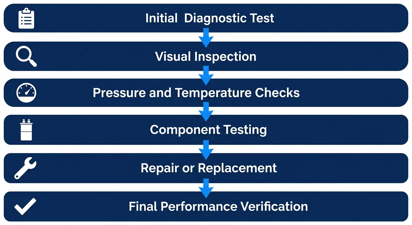 Six-step professional AC repair process diagram showing diagnostic test, visual inspection, pressure checks, component testing, repair, and final verification.