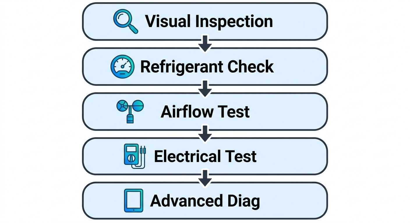 Vertical process flow for AC repair showing five diagnostic stages: visual inspection, refrigerant pressure check, airflow measurement, electrical testing, and advanced diagnostics.