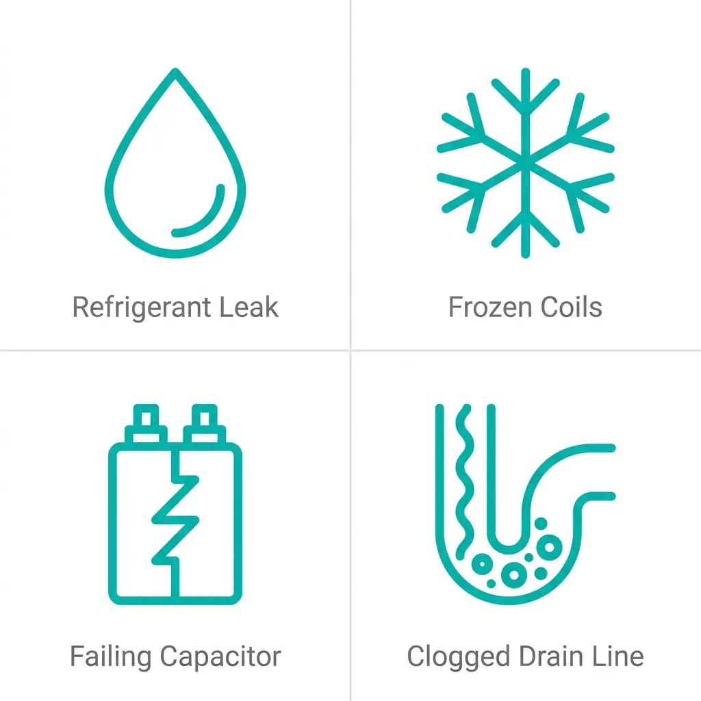2x2 grid of outlined icons for common AC problems in Dallas homes showing a drop for refrigerant leak, a snowflake for frozen coils, a component for failing capacitor, and a drain for clogged drain line with labels beneath each icon on a clean white background.