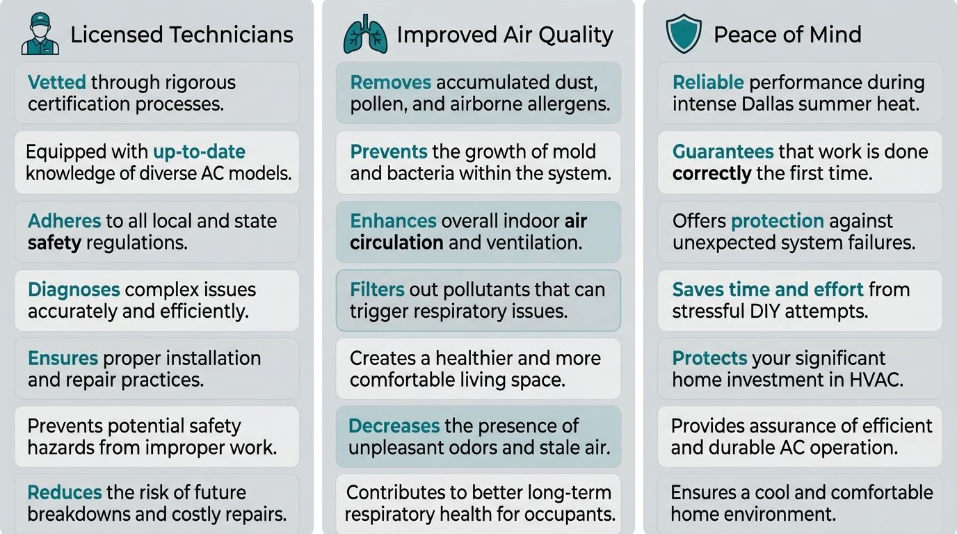 Three-column infographic showing benefits of professional AC repair in Dallas, Texas with licensed technicians, improved indoor air quality, and peace of mind
