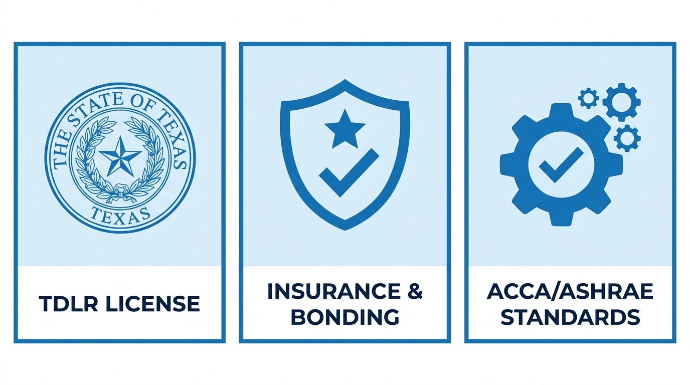 Infographic showing three credential blocks for a quality HVAC company in Dallas: TDLR License Verification, Insurance & Bonding, and ACCA/ASHRAE Standards.