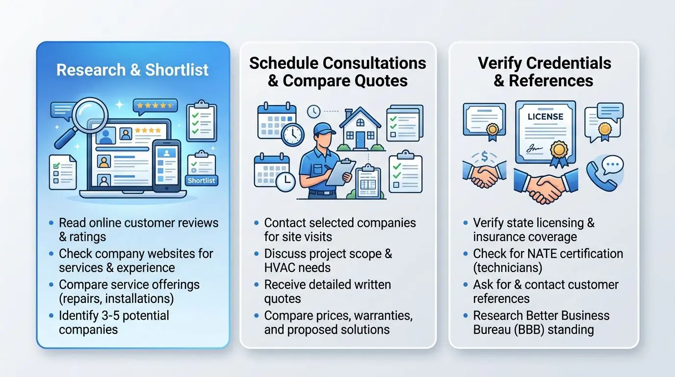 Three-step HVAC company evaluation process: Research & Shortlist, Schedule Consultations & Compare Quotes, Verify Credentials & References.