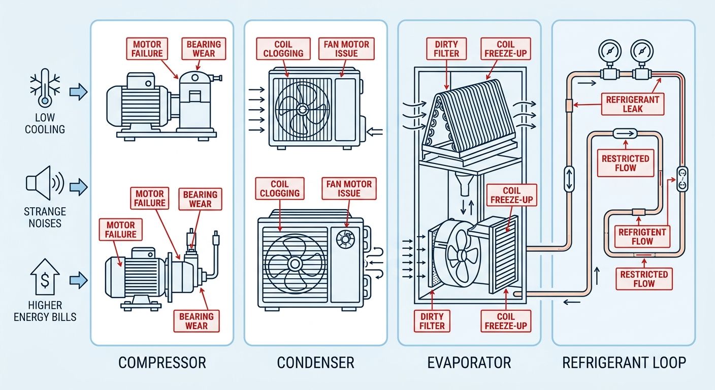 Educational infographic of central AC system components: compressor, condenser, evaporator, and refrigerant loop with common failure modes and symptoms.