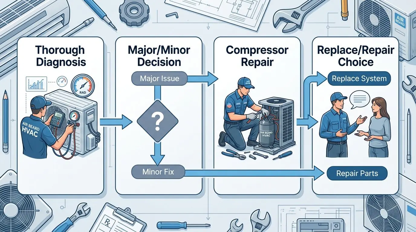 Process flow diagram for professional AC repair in Fort Worth showing diagnosis, decision between major and minor repair, and outcome branches.