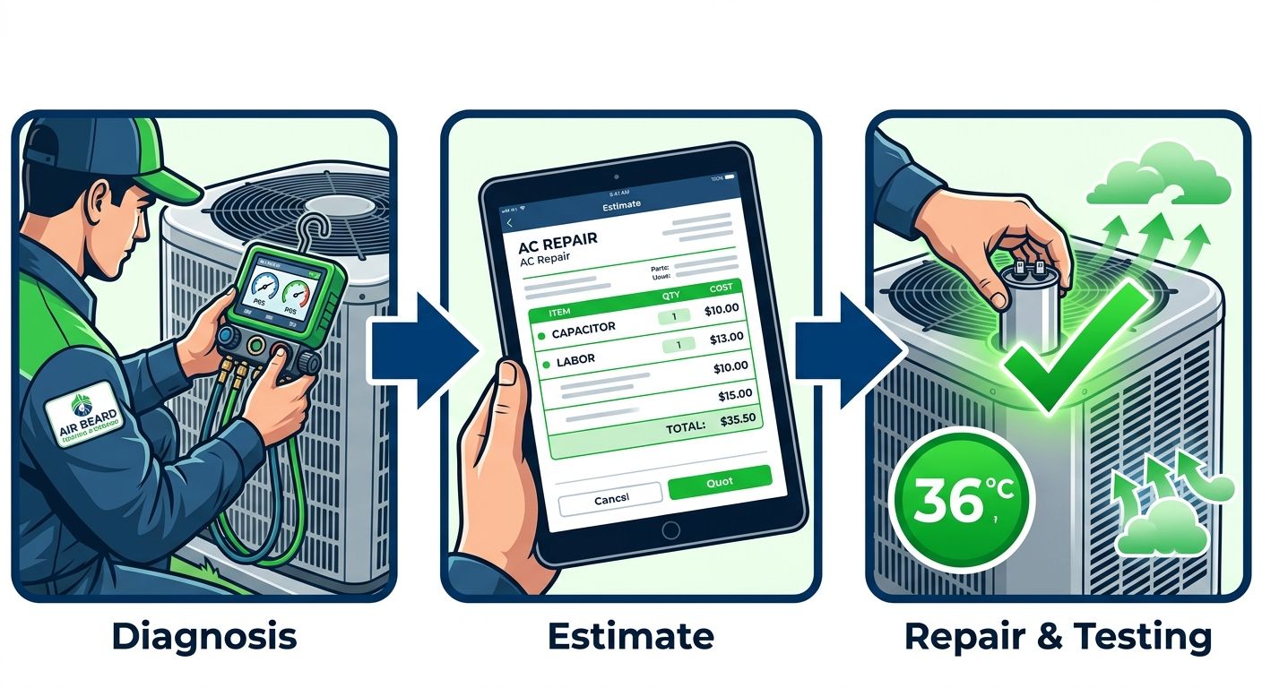 Three-step horizontal process flow for AC repair: diagnosis with technician using a digital gauge, estimate with a tablet showing a quote and trust badges, and repair and testing with a replaced capacitor and checkmark.
