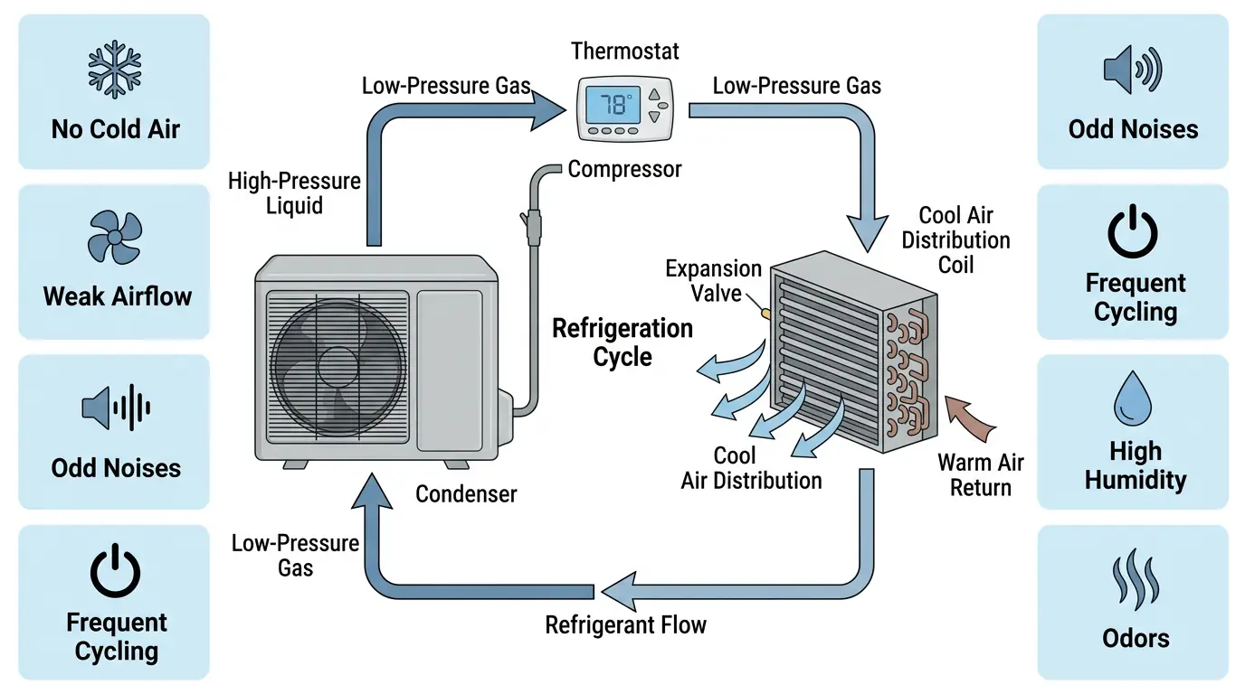 Infographic showing a split air conditioning system with outdoor condenser, indoor evaporator coil, and thermostat. Arrows trace the refrigeration cycle. A sidebar lists six common trouble signs: no cold air, weak airflow, odd noises, frequent cycling, high humidity, odors, each with an icon. Color palette uses cool blues and grays.