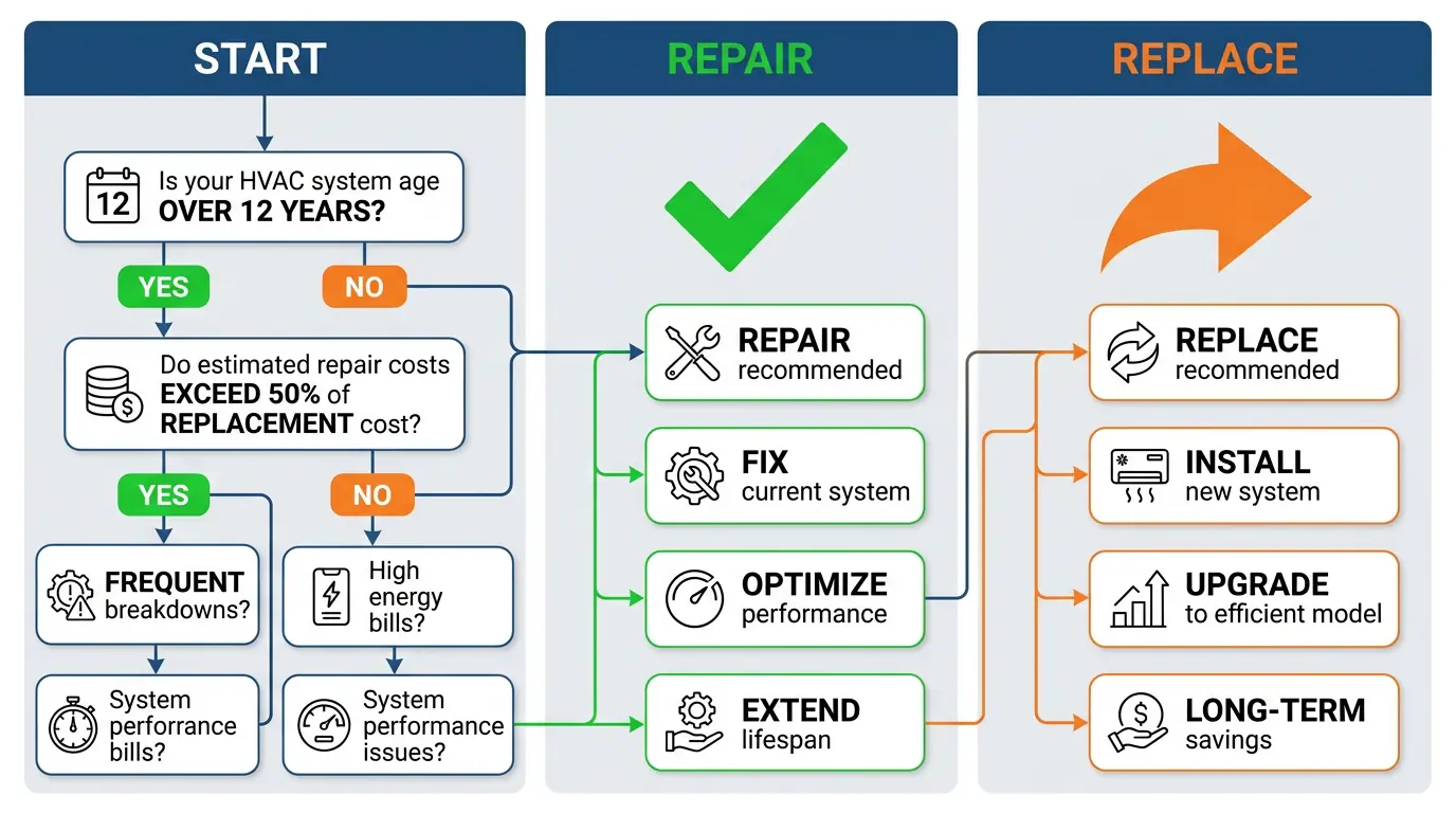 Decision tree infographic comparing HVAC repair versus replacement thresholds. Left column shows system age and cost criteria, middle column indicates repair with checkmark, right column indicates replacement with arrow. Blue and gray palette, no prices.