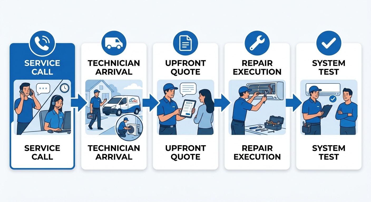 Horizontal five-step process flow showing the HVAC repair journey: Service Call & Dispatch, Technician Arrival & Diagnosis, Upfront Quote & Explanation, Repair Execution, and System Test & Walkthrough