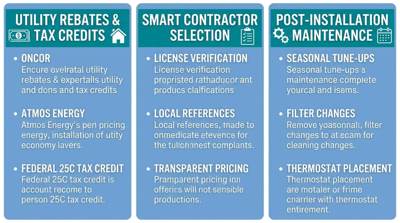 Three-panel infographic summarizing best practices for AC installation in North Texas. Left panel: 'Utility Rebates & Tax Credits' with icons of a dollar bill and a house. Center panel: 'Smart Contractor Selection' with a checklist icon. Right panel: 'Post-Installation Maintenance' with a gear and calendar icon. Soft blue and teal accent colors.