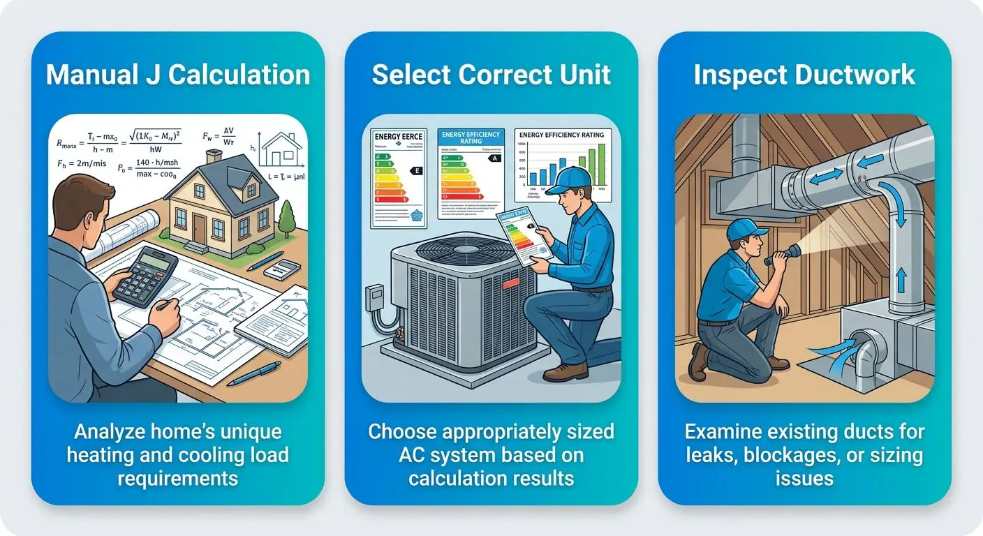 AC installation diagram with three stages: Manual J calculation, correct unit sizing, and ductwork inspection