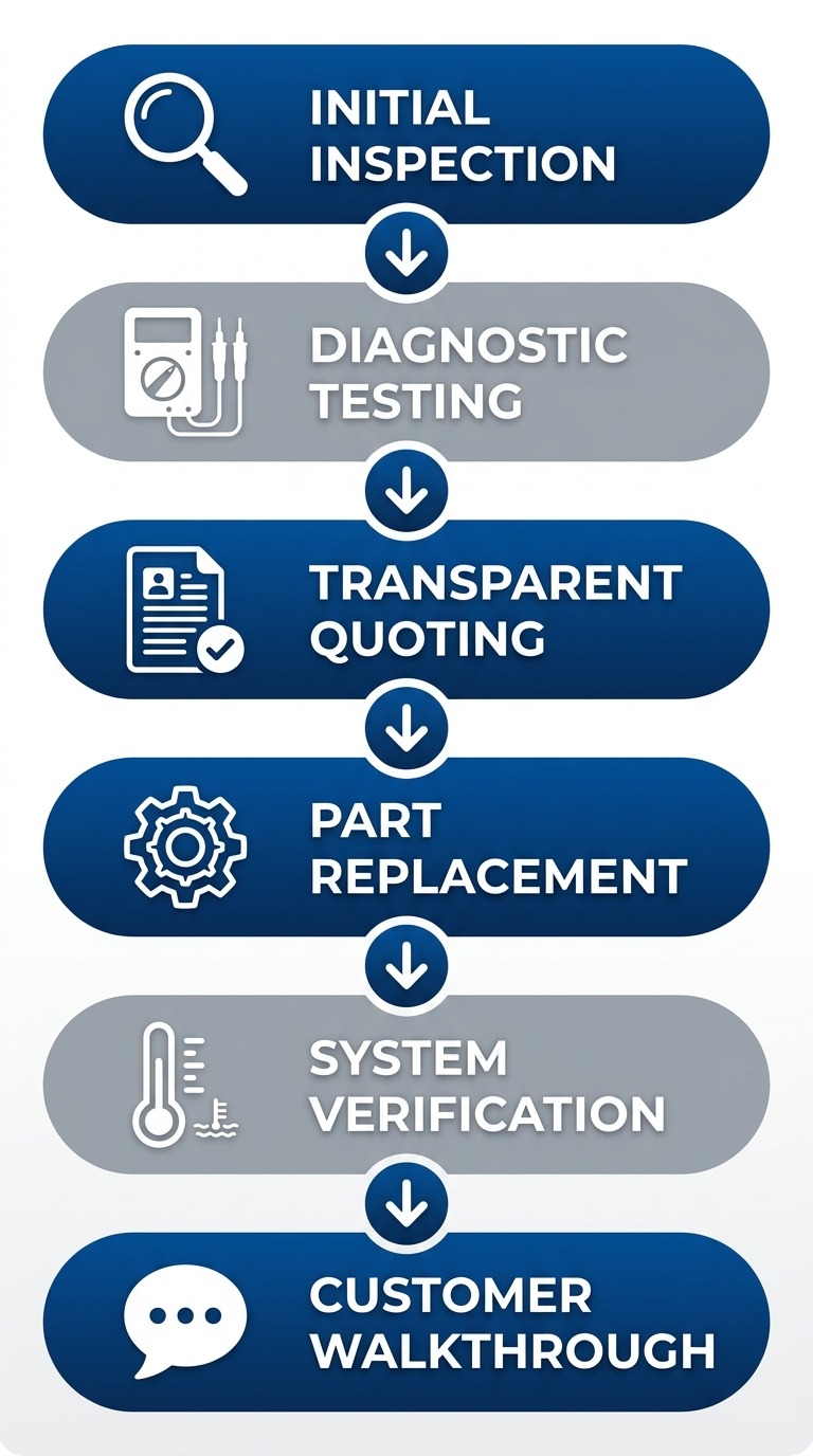 Six-step vertical process flow diagram for professional HVAC repair in Fort Worth, showing stages from initial inspection to customer walkthrough.