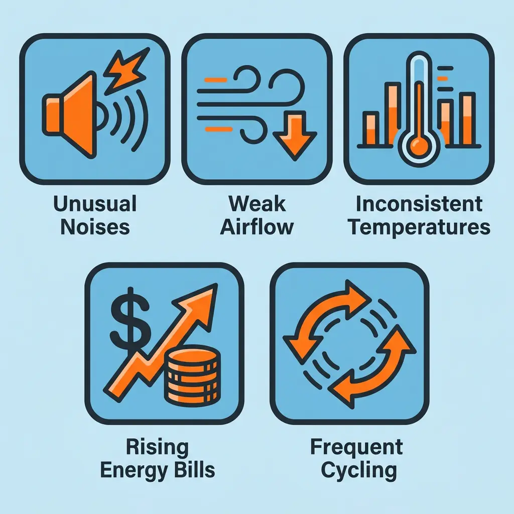 Warning sign icons of various home HVAC issues including unusual noises, weak airflow, inconsistent temperatures, rising energy bills, and frequent cycling.