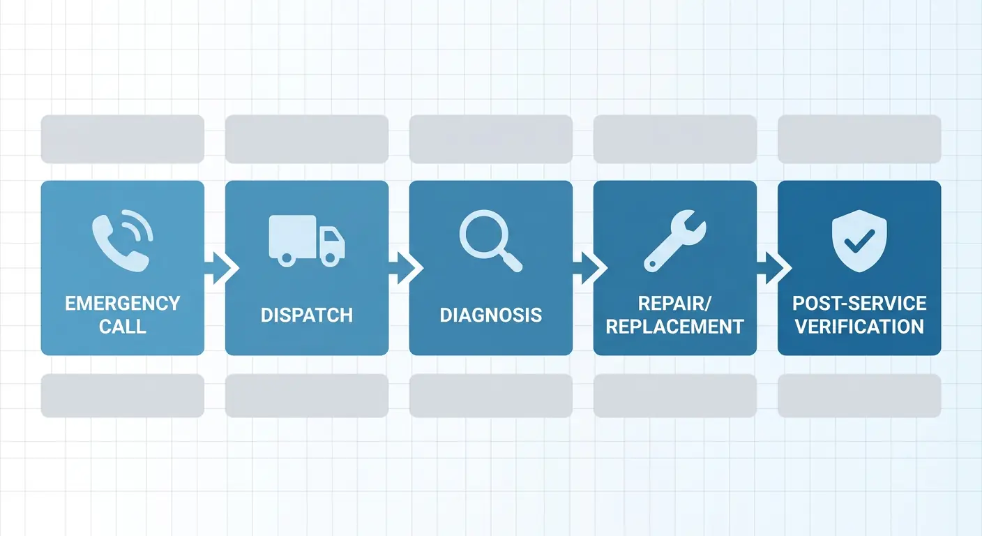 Five-step horizontal process flow diagram for HVAC repair journey from emergency call to post-service verification
