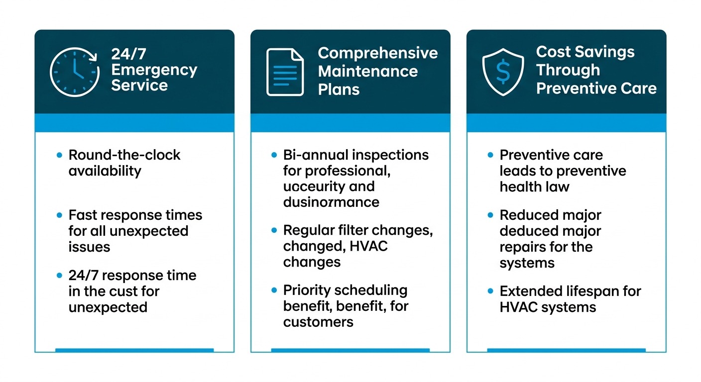 Three-column infographic comparing advantages of professional HVAC service: 24/7 emergency availability, comprehensive maintenance plans, and preventive care cost savings.