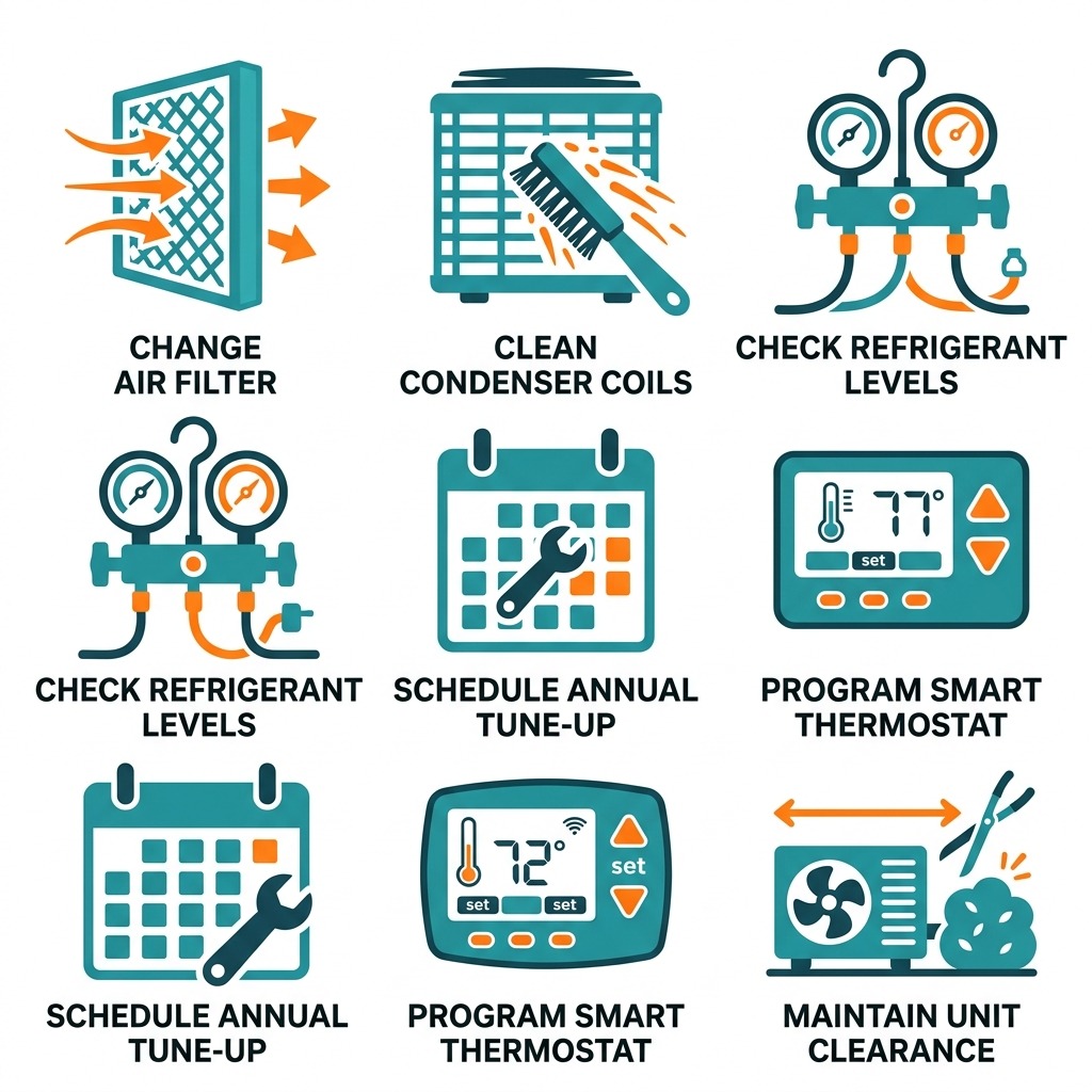 Grid of 6 icons showing AC maintenance checklist items: air filter change, condenser coil cleaning, refrigerant check, professional tune-up, thermostat programming, and clearance around outdoor unit.