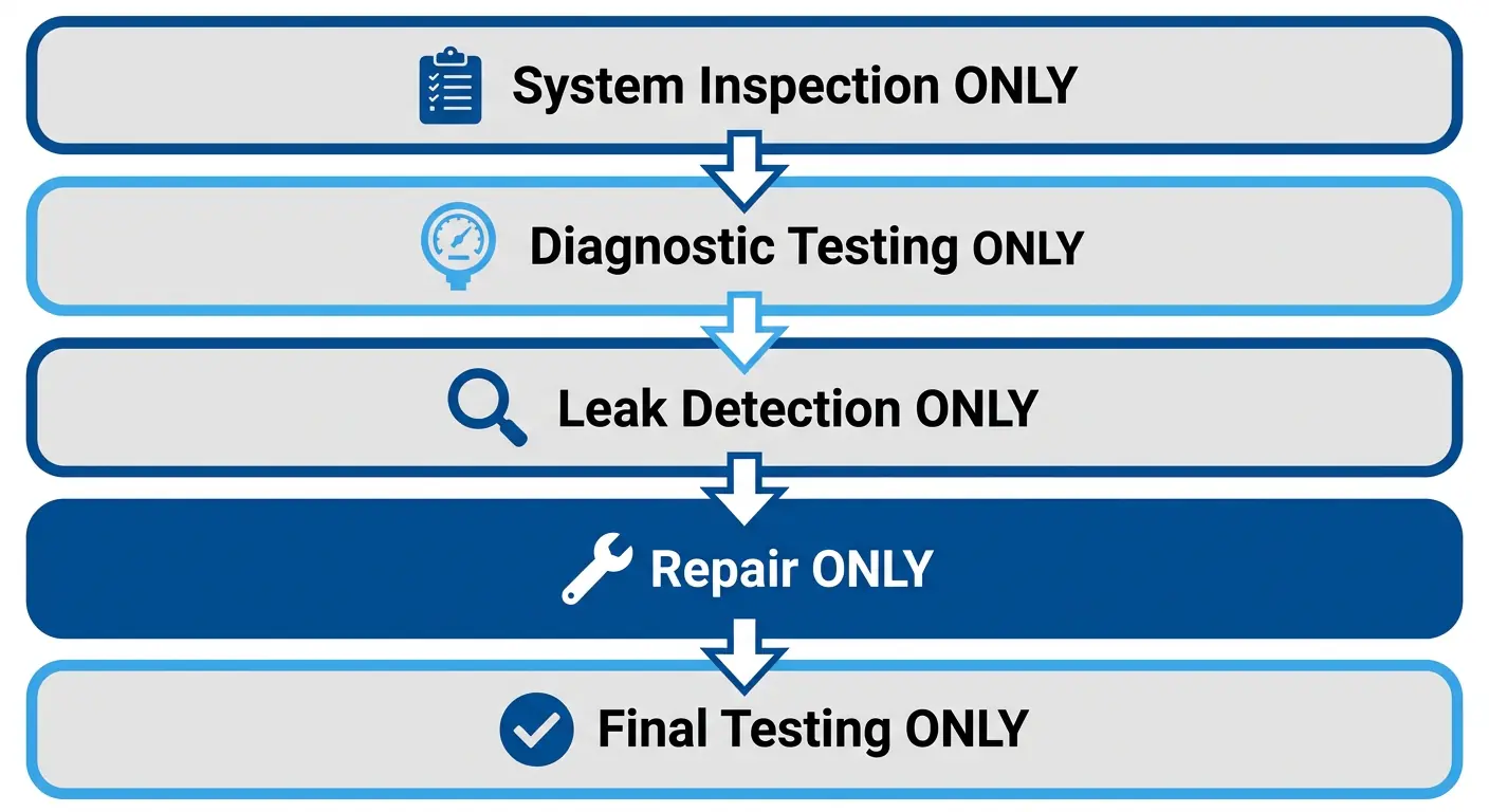 Vertical process flow diagram showing five stages of an AC repair service call: System Inspection, Diagnostic Testing, Leak Detection, Repair, and Final Testing.