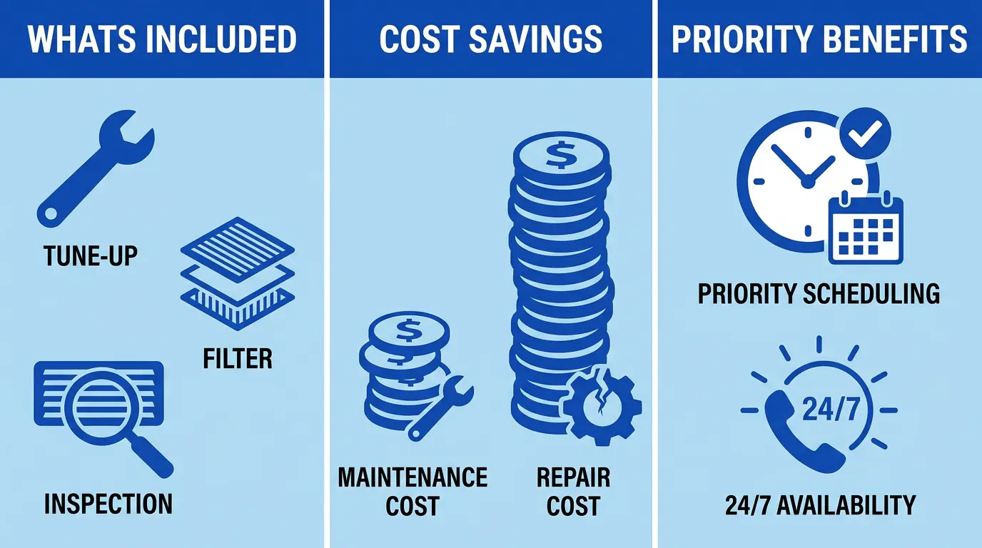 Infographic showing benefits of routine AC maintenance with three panels: what's included, cost savings, and priority benefits.