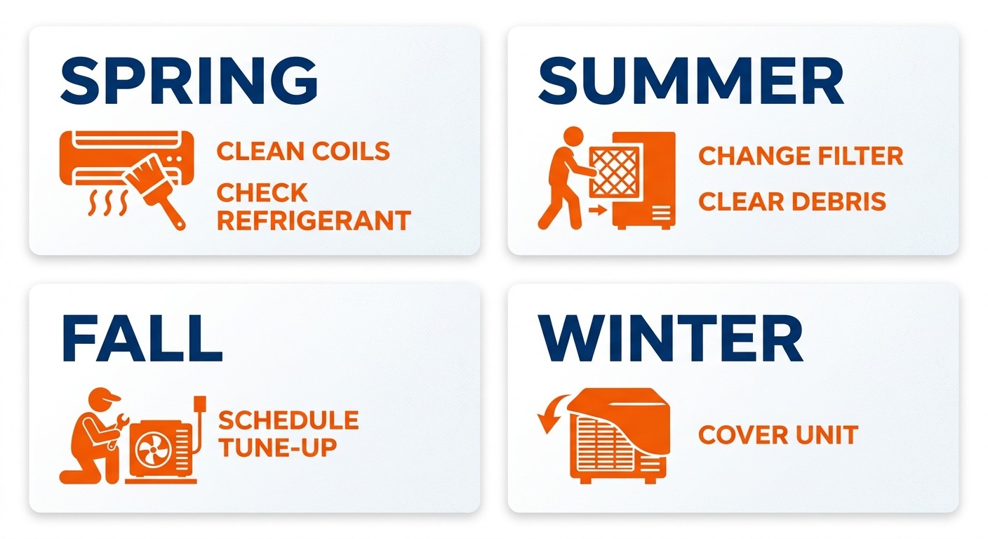 Seasonal AC maintenance checklist infographic showing Spring, Summer, Fall, and Winter tasks with icons in a 2x2 grid layout using blue and orange accents.