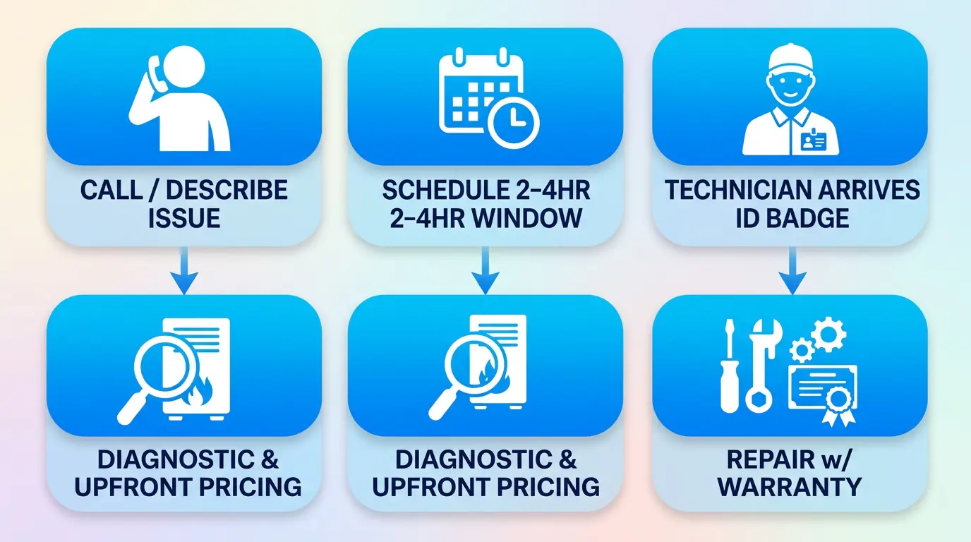 Visual process flow showing 5 steps to receive HVAC service in Fort Worth, Texas: call and describe issue, schedule appointment, technician arrives with ID badge, diagnostic and upfront pricing, repair completed with warranty.