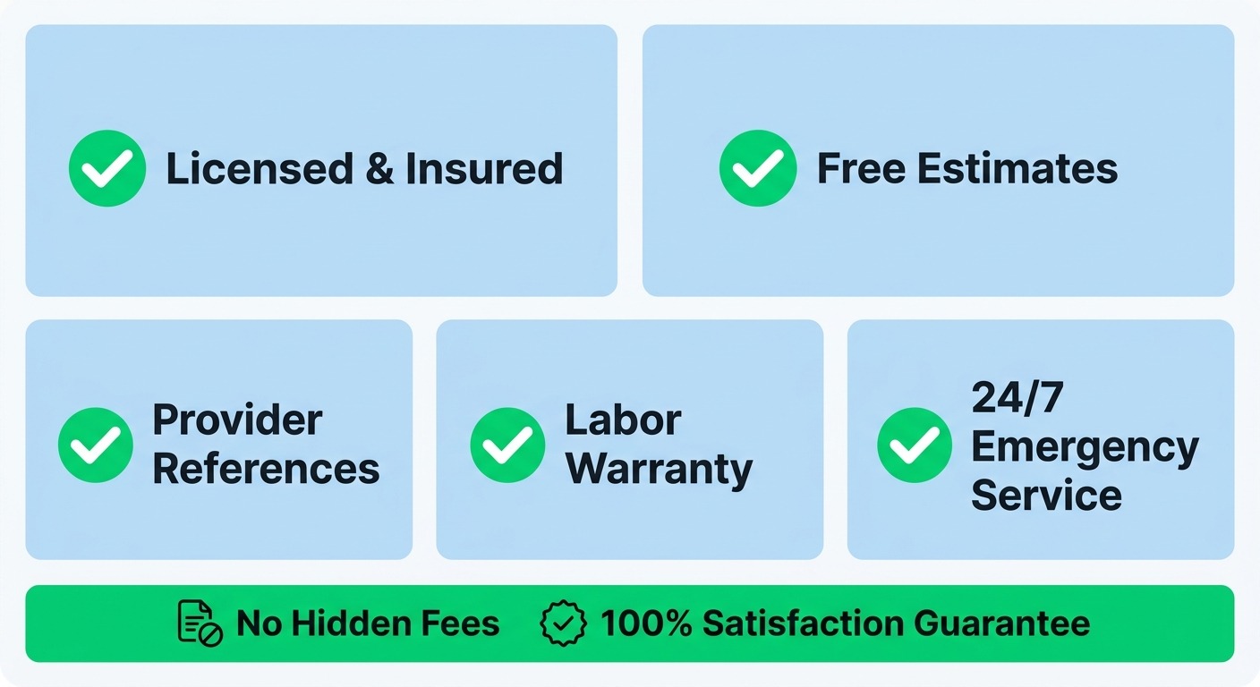 Checklist infographic for selecting an HVAC company in Dallas-Fort Worth with five key questions and highlighted guarantees.