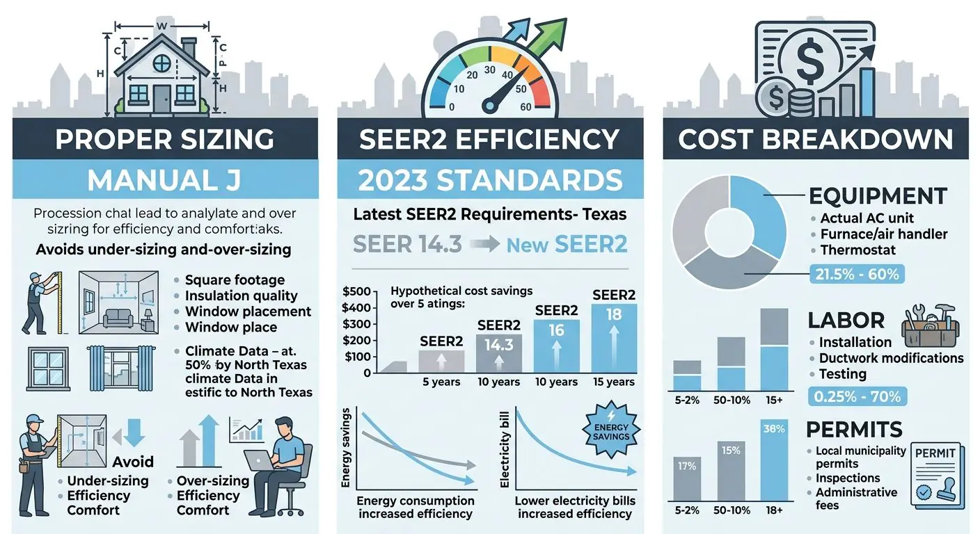 Infographic comparing three key factors for choosing a new AC unit in Dallas: proper sizing, SEER2 efficiency, and cost breakdown.
