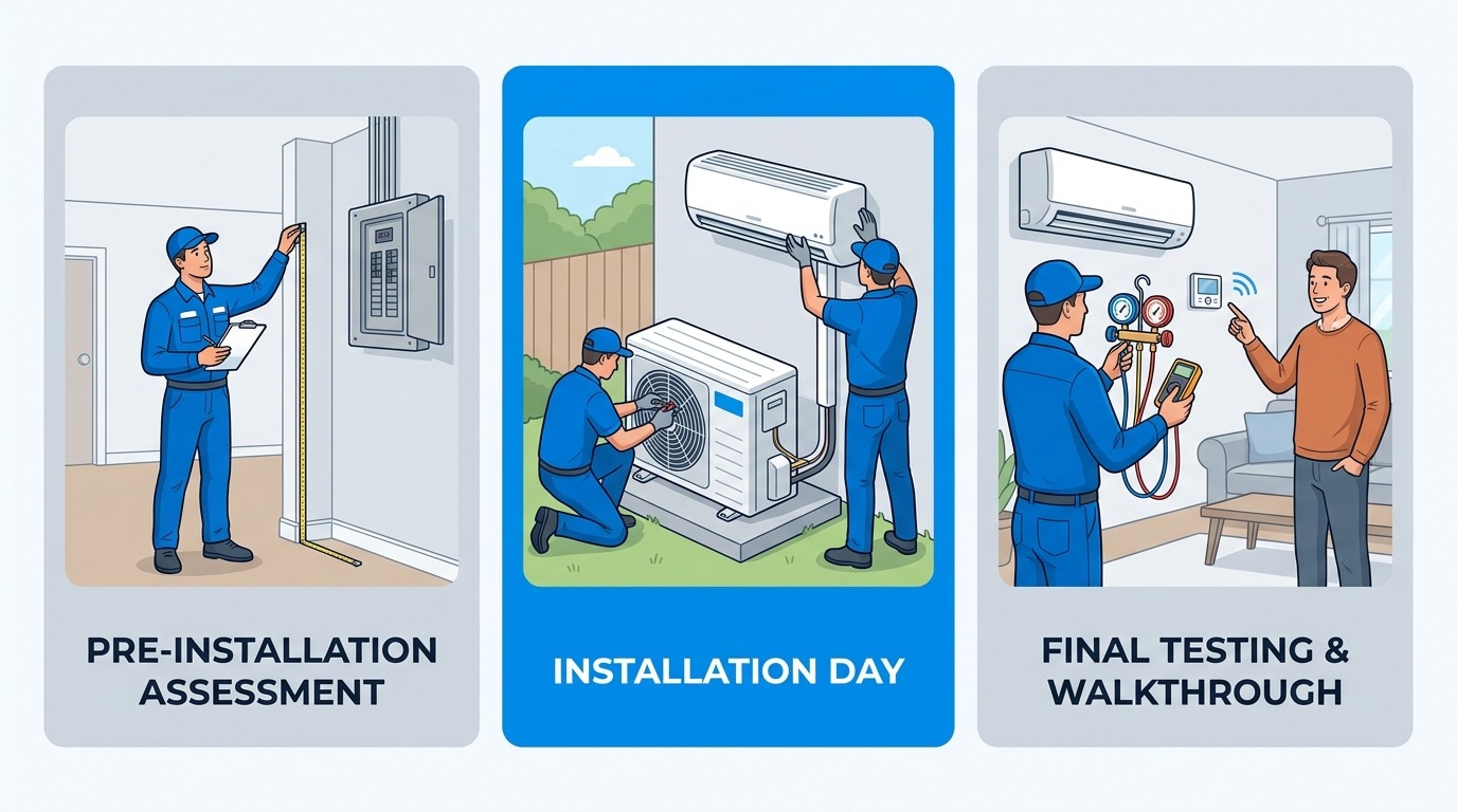 Three-step professional AC installation process flow diagram with assessment, installation, and testing stages