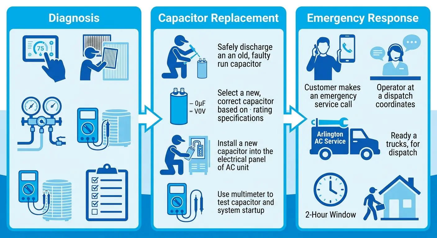 Horizontal diagram showing three stages of professional AC repair in Arlington: Diagnosis, Capacitor Replacement, and Emergency Response. Blue and white professional style, no text.