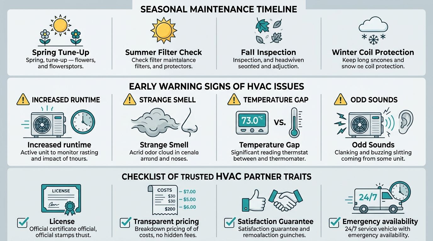 HVAC seasonal maintenance guide infographic with three visual panels covering spring tune-up, summer filter checks, fall inspection, winter coil protection, early warning signs, and trusted contractor checklist in teal, white, and gray