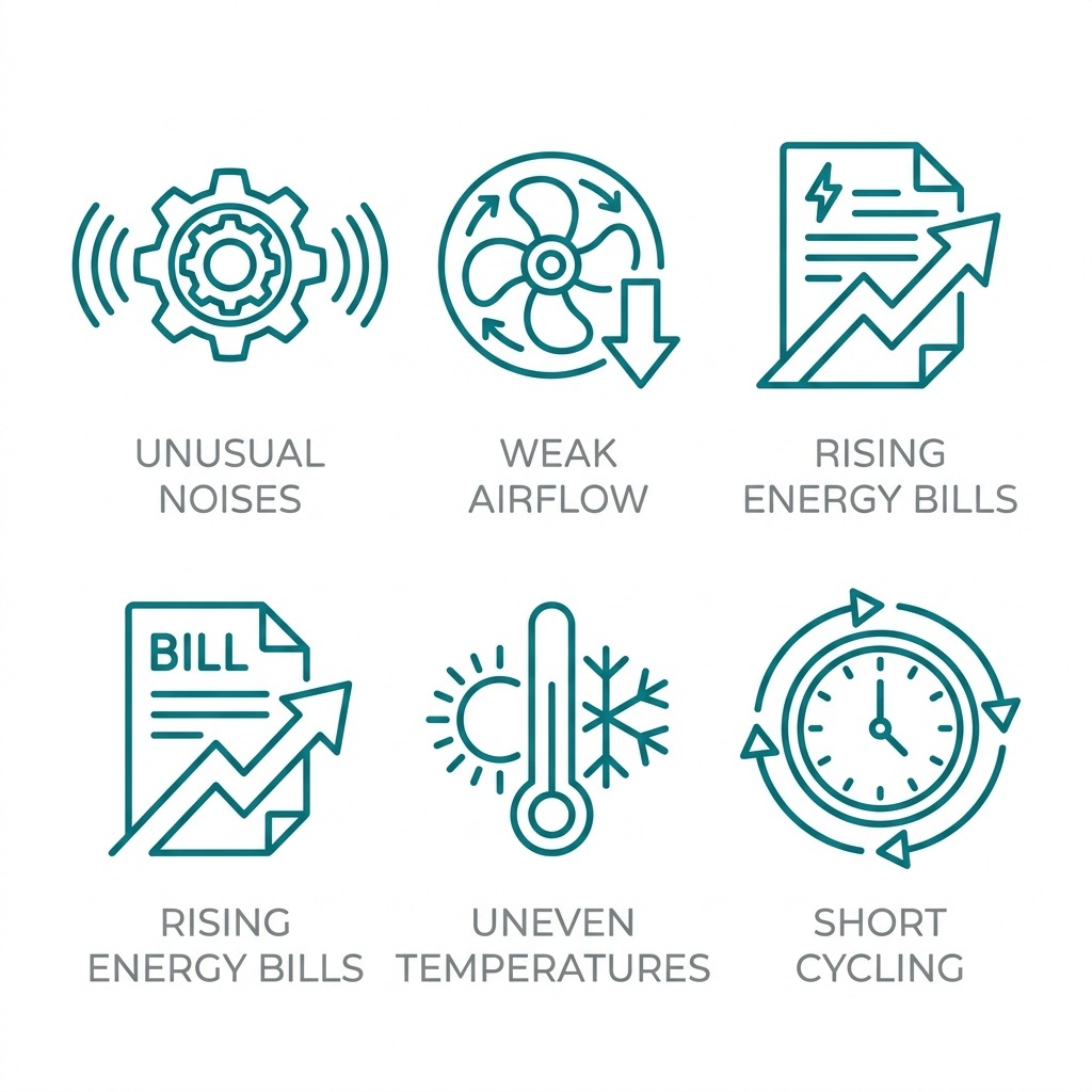 Grid of 5 icons representing common signs HVAC needs repair or replacement.