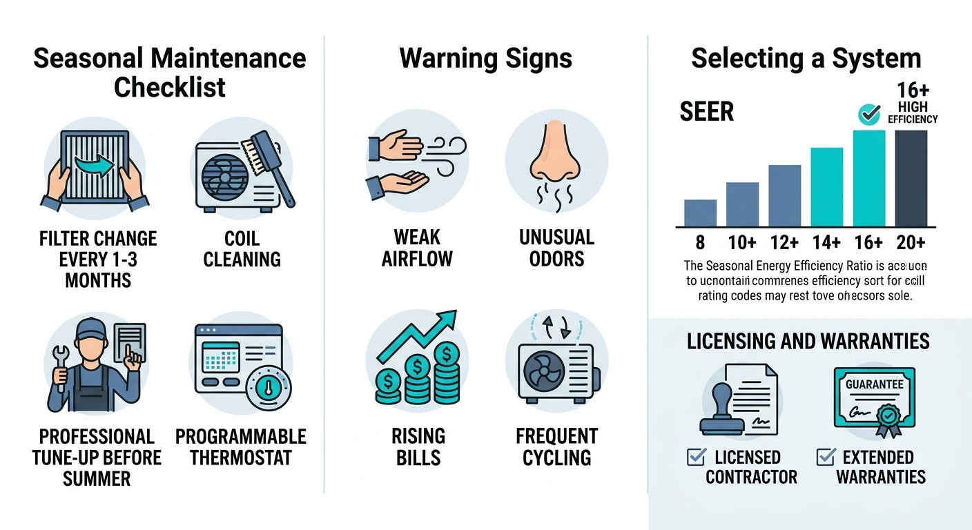 AC maintenance infographic with seasonal checklist, warning signs, and system selection tips.