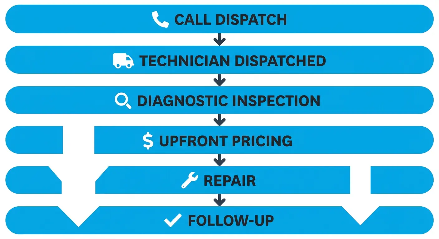Vertical process flow diagram showing 6 steps of emergency AC repair in Arlington: Call Dispatch, Technician Dispatched, Diagnostic Inspection, Upfront Pricing, Repair with Satisfaction Guarantee, and Follow-up Checkmark.