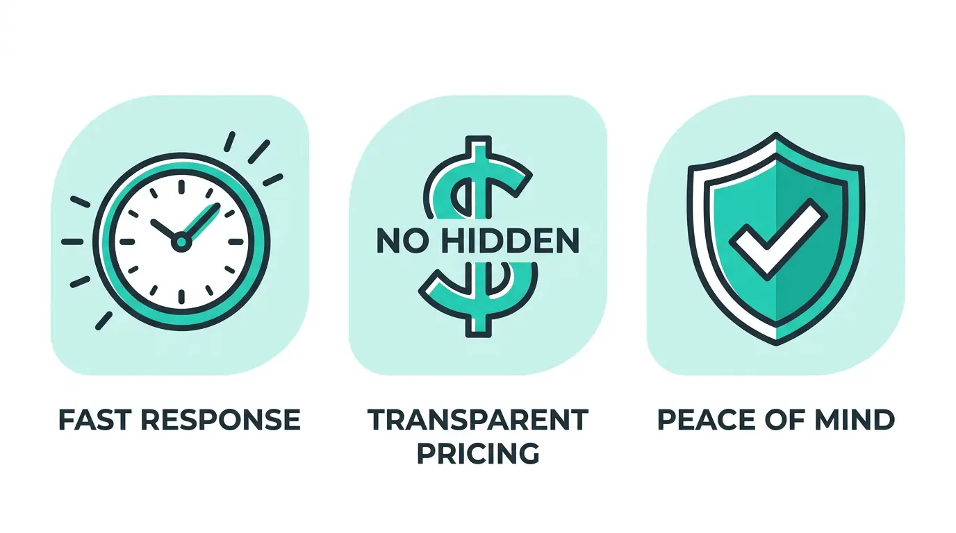 Three icons representing fast response, transparent pricing, and peace of mind for professional AC repair services in Dallas.